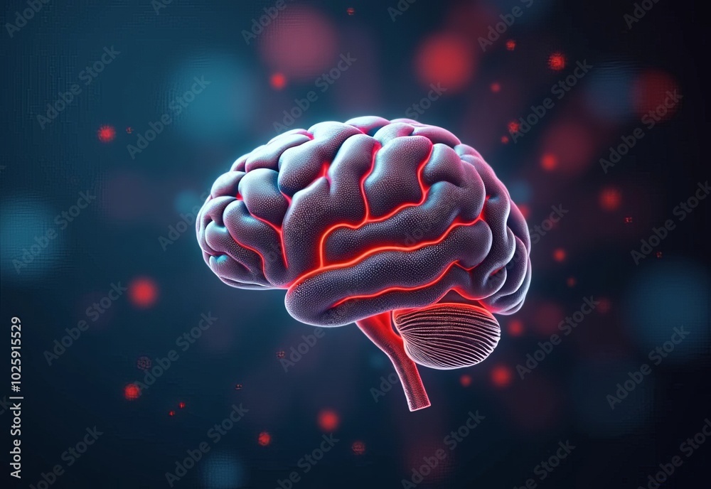 Illustration of a human brain glowing with red highlights. Dark background with abstract patterns. Concept of neuroscience and cognition Illustration of a human brain glowing with red highlights. Dark background with abstract patterns. Concept of neuroscience and cognition