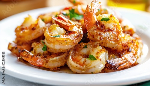 A close-up of a plate of cooked shrimp garnished with herbs, showcasing a delicious seafood dish.