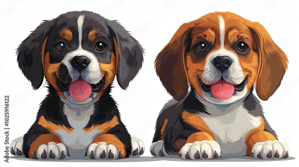 Dog friends. Cute puppies with happy playful and straight neutral expressions, emotions. Two Beagle in different pose. Funny pets, canine animals. Flat vector illustration isolated on white background Dog friends. Cute puppies with happy playful and straight neutral expressions, emotions. Two Beagle in different pose. Funny pets, canine animals. Flat vector illustration isolated on white background