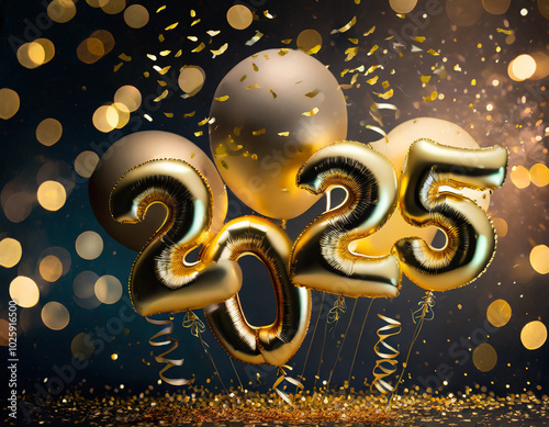 Celebratory balloons and confetti marking the arrival of the year 2025 at a festive gathering
