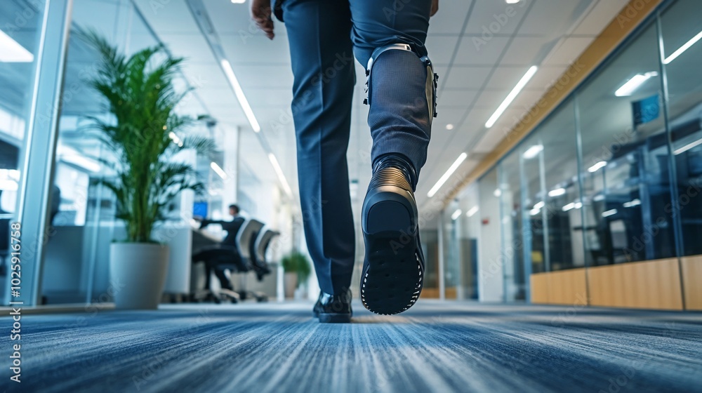 Obraz premium Man with Prosthetic Leg Walking in a Busy Office Hallway
