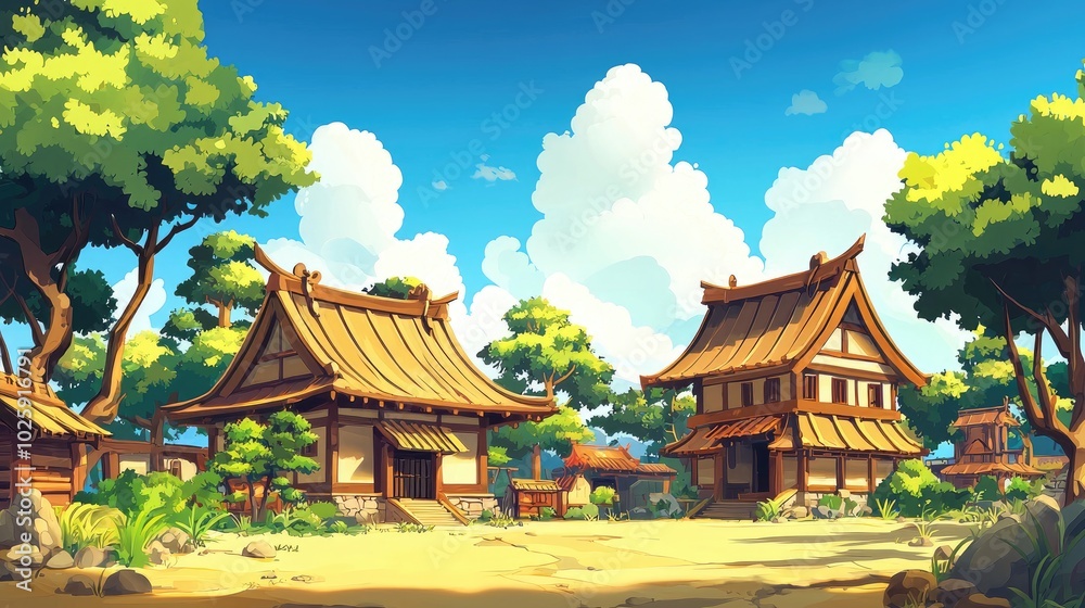 Fototapeta premium A Traditional Japanese Village Scene with Houses, Trees, and a Sunny Sky
