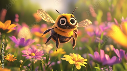 Cute Cartoon Bee Flying Over Colorful Flowers in a Meadow - Summer Nature Illustration