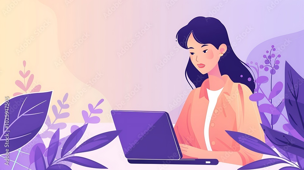Illustrated Scene of a Businesswoman Typing Data on a Laptop, Business Theme, Portrait Shot, Typing, Laptop Illustrated Scene of a Businesswoman Typing Data on a Laptop, Business Theme, Portrait Shot, Typing, Laptop