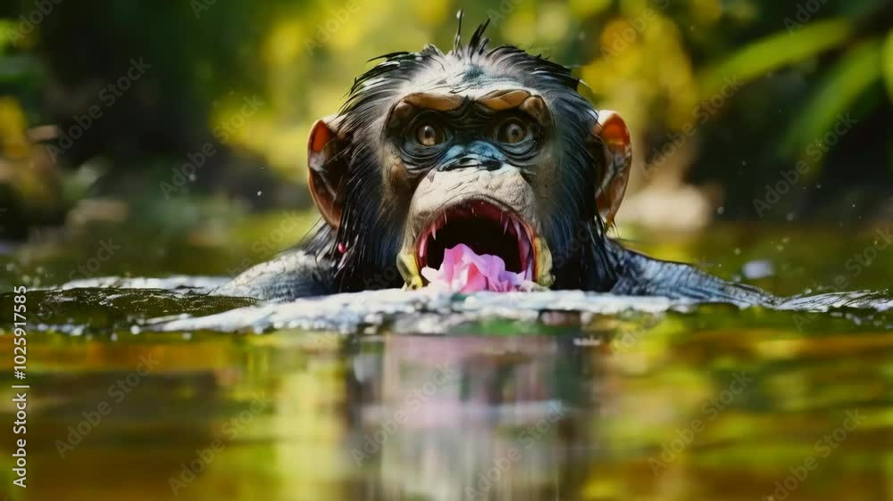 Chimpanzee Swimming in a River. Stunning 4K Ultra HD Footage - Perfect for Professional Projects Chimpanzee Swimming in a River. Stunning 4K Ultra HD Footage - Perfect for Professional Projects