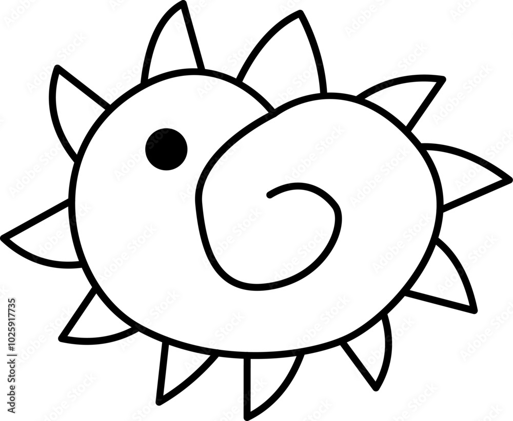 Vector black and white cartoon prehistoric seashell or mollusk icon with teeth. Cute dinosaur era ammonite line illustration for kids. Funny ancient marine animal clipart or coloring page