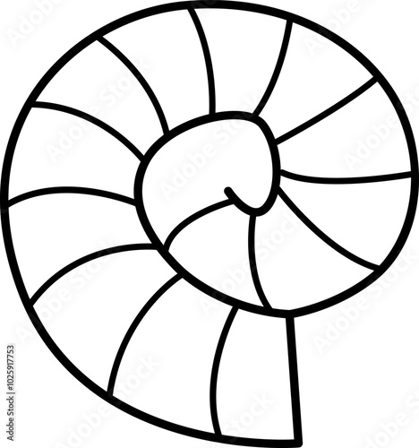 Vector black and white cartoon prehistoric seashell or mollusk icon with teeth. Cute dinosaur era ammonite line illustration for kids. Funny ancient marine animal clipart or coloring page