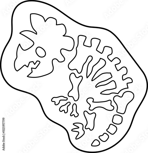 Vector black and white triceratops bones icon. Cute dinosaur fossils line illustration. Funny excavated dino clipart isolated on white background. Cartoon prehistoric animal coloring page