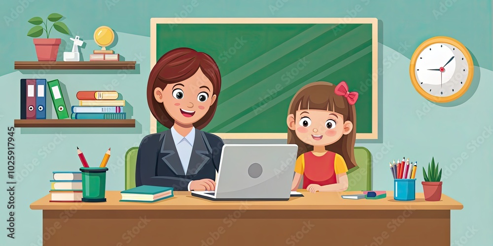 A female teacher supports a student at a computer, showcasing enthusiasm and guidance in a vibrant, flat cartoon style, illustrating an engaging educational moment. A female teacher supports a student at a computer, showcasing enthusiasm and guidance in a vibrant, flat cartoon style, illustrating an engaging educational moment.