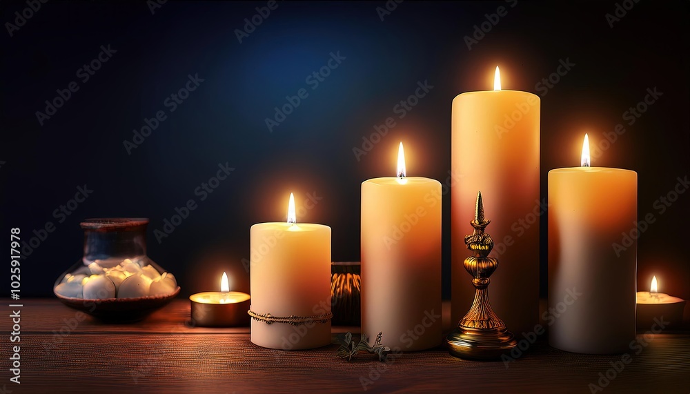 Set of pillar candles with flames illuminated, religious background, copy space, calm, meditation background. Set of pillar candles with flames illuminated, religious background, copy space, calm, meditation background.