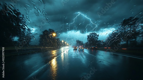 A stormy highway scene seen through a car windshield, heavy rain streaking down the glass and the road ahead illuminated by a flash of lightning. The windshield wipers are visible,
