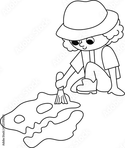 Vector black and white paleontologist icon. Cartoon archeologist girl line clipart in hat cleaning dino bones. Historical dinosaur dig or excavations scientist, explorer illustration or coloring page