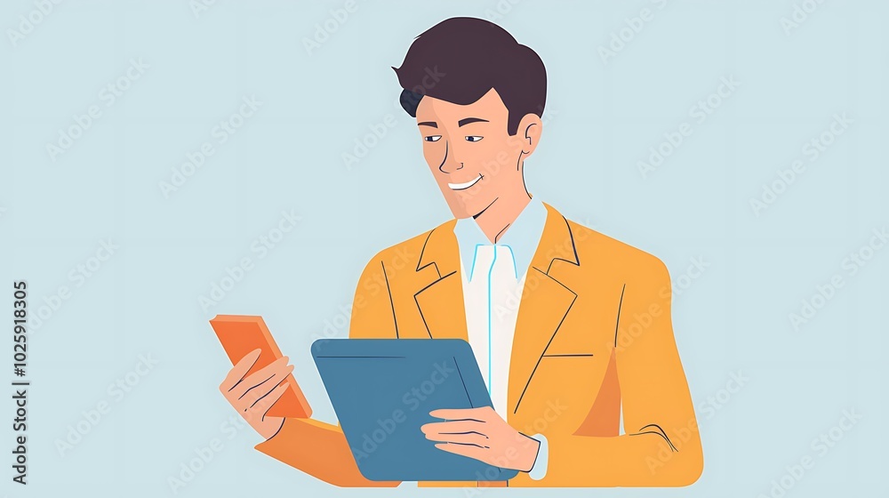 Illustration of a Businessman Using a Tablet for Data Analysis, Business Theme, Data Analysis, Businessman Illustration of a Businessman Using a Tablet for Data Analysis, Business Theme, Data Analysis, Businessman