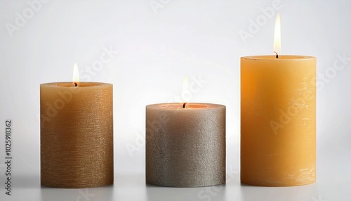 Set of pillar candles with flames illuminated, religious background, copy space, calm, meditation background.