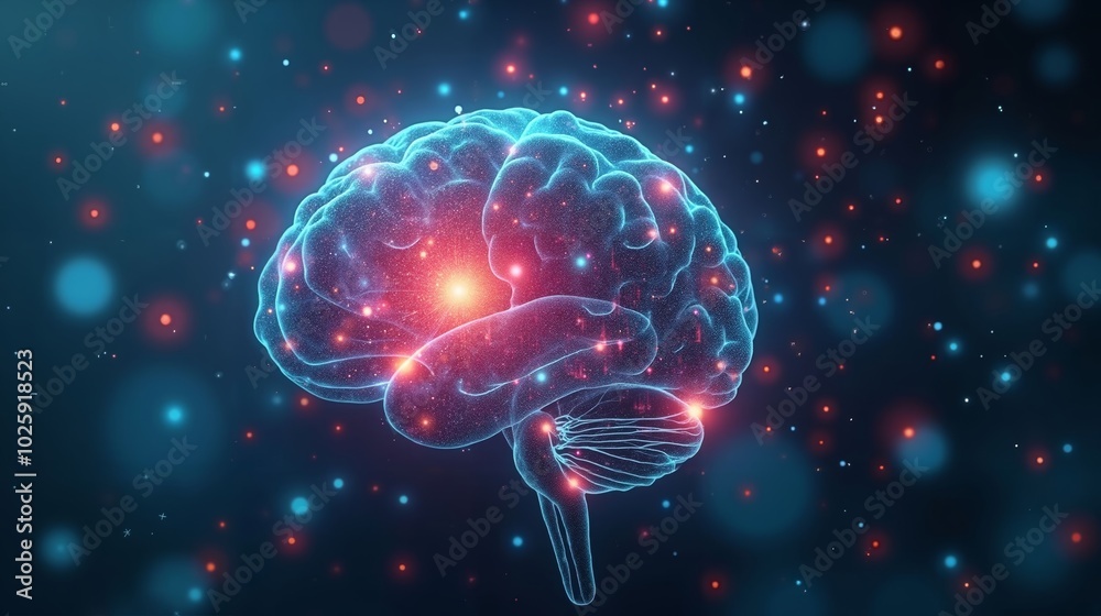 Obraz premium Abstract Depiction of Health Intelligence with a Glowing Brain Surrounded by Holographic Medical Data and Icons
