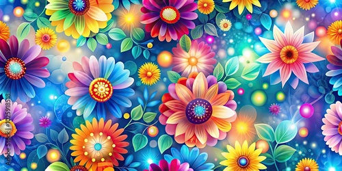 A lively, continuous pattern of colorful flowers enhanced with a soft bokeh effect, creating an engaging and dynamic background perfect for various design projects.