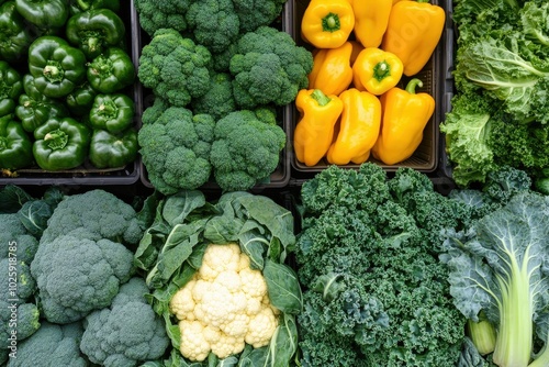 A variety of vegetables, including broccoli and peppers, generative ai image