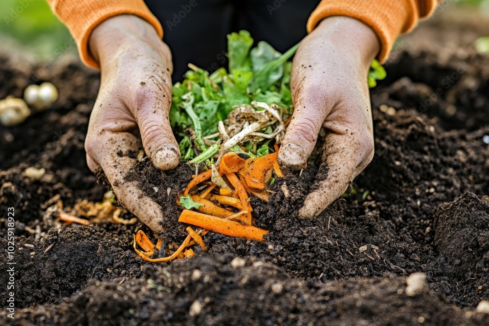 Hands nurturing compost in a garden Hands nurturing compost in a garden