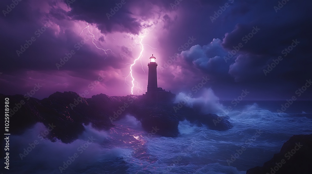 Fototapeta premium A stormy night at sea with lightning striking near a lighthouse on a rocky shore. The waves crash violently against the rocks, and the lighthouse is illuminated by the bright flash of the bolt,