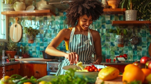 Joyful Cooking Moment: Woman Prepares Fresh Ingredients in Rustic Kitchen photo