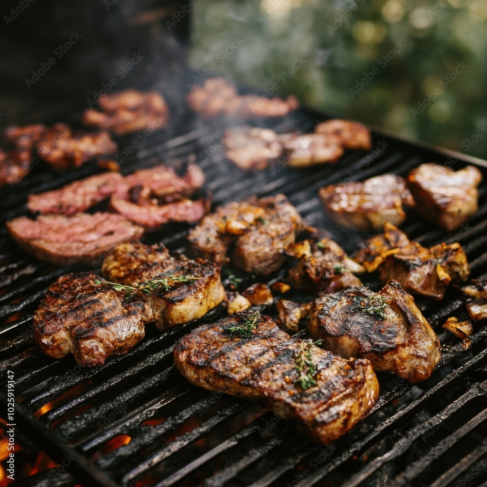 Delicious steaks grilling on a barbecue Delicious steaks grilling on a barbecue