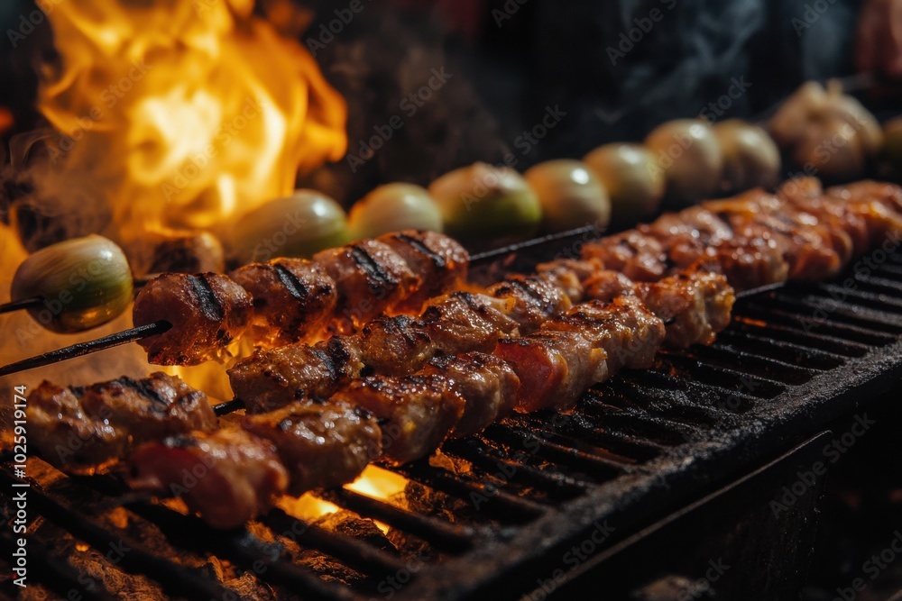 Delicious skewers sizzling on the grill Delicious skewers sizzling on the grill