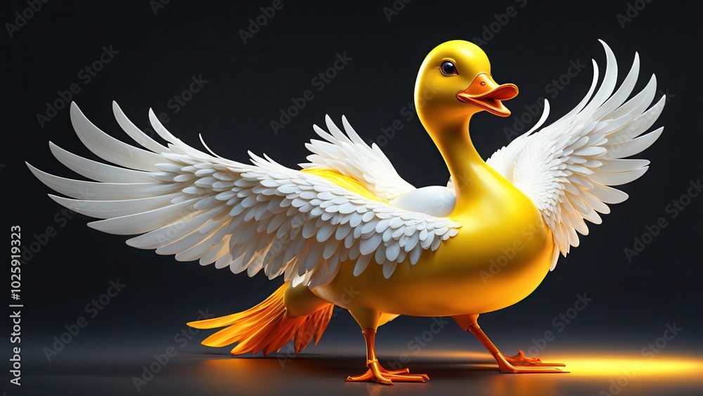 Fototapeta premium A whimsical, stylized yellow duck with wings spread, showcasing a playful design.