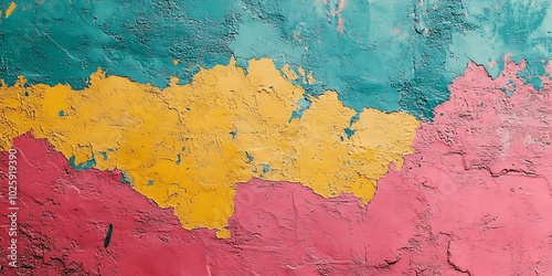 Colorful abstract wall with textured paint layers.