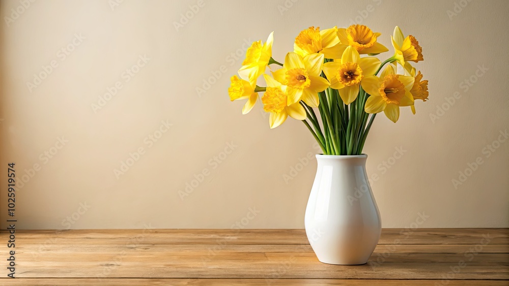 A minimalist arrangement of daffodils in a white vase sits gracefully on a table against a soft beige wall, showcasing elegant floral photography and refined beauty. A minimalist arrangement of daffodils in a white vase sits gracefully on a table against a soft beige wall, showcasing elegant floral photography and refined beauty.