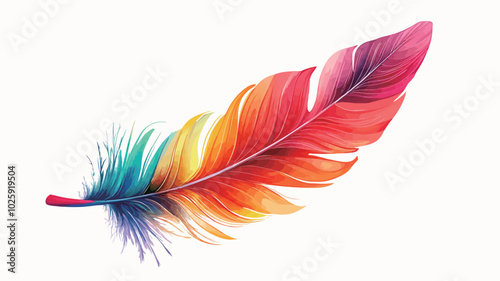 Illustration of colorful bird feather on white background. Vector illustration. 