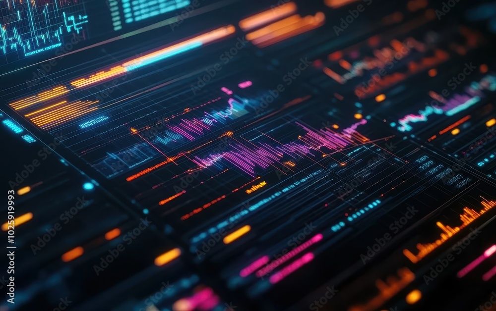 Abstract Digital Interface with Colorful Lines and Data on a Black Screen. Abstract Digital Interface with Colorful Lines and Data on a Black Screen.