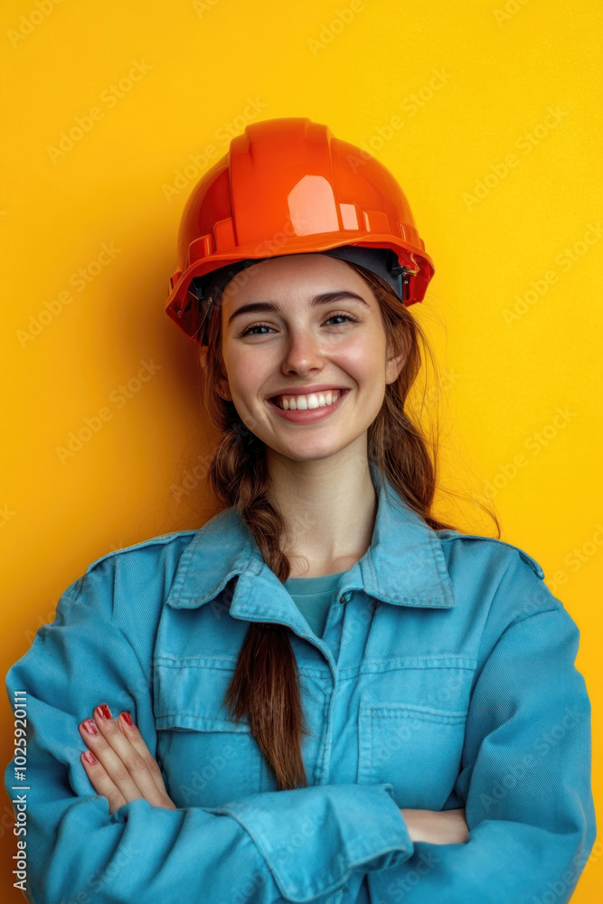 Woman in hard hat smiling, standing at construction site. Woman in hard hat smiling, standing at construction site.