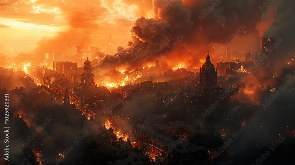 Fototapeta premium City in Flames: A Post-Apocalyptic Landscape