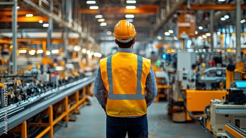 Working in a factory, a worker wears a hardhat and safety vest.