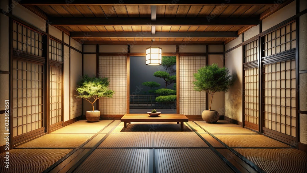 A serene night scene of a 3D rendered Japanese interior showcasing elegant tatami mats, soft ambient lighting, and minimalist decor that evokes tranquility and harmony. A serene night scene of a 3D rendered Japanese interior showcasing elegant tatami mats, soft ambient lighting, and minimalist decor that evokes tranquility and harmony.