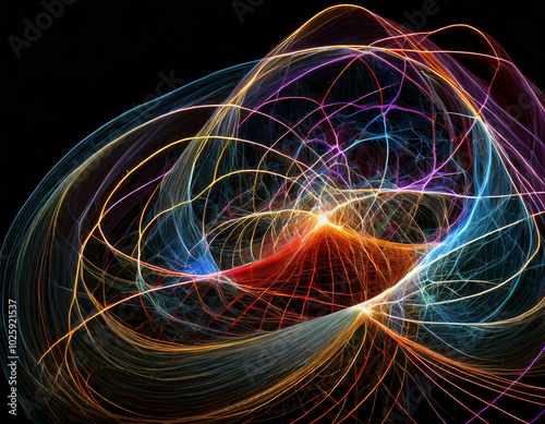 Colorful abstract light trails swirling in dynamic patterns against a dark background at night