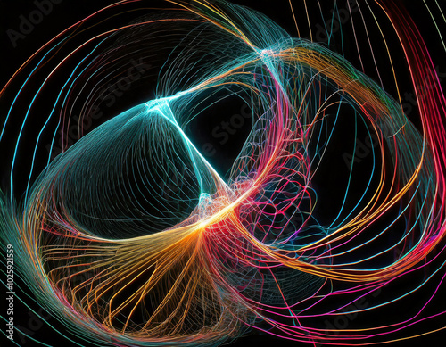 Colorful abstract light trails creating dynamic patterns on a dark background in a digital artwork