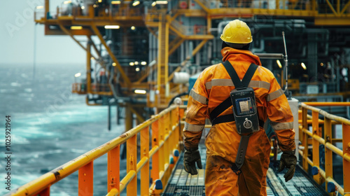 Man in orange suit and hard hat walks across bridge.