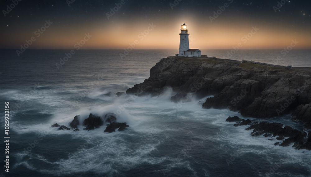 A lighthouse on a rocky island shines its bright beam on a clear, starry night.