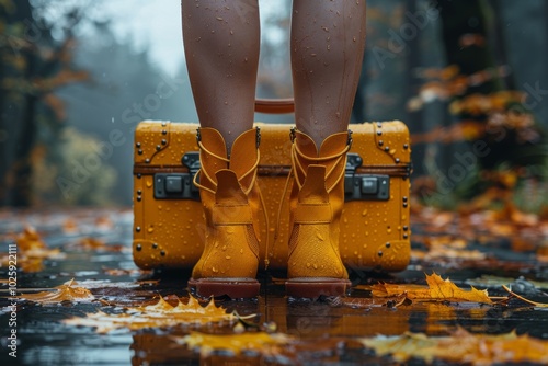 Woman s legs in yellow boots next to yellow suitcase surrounded by vibrant autumn leaves photo