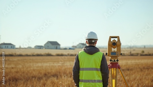 Surveyor in a safety vest estimating land on a construction site with houses in the background