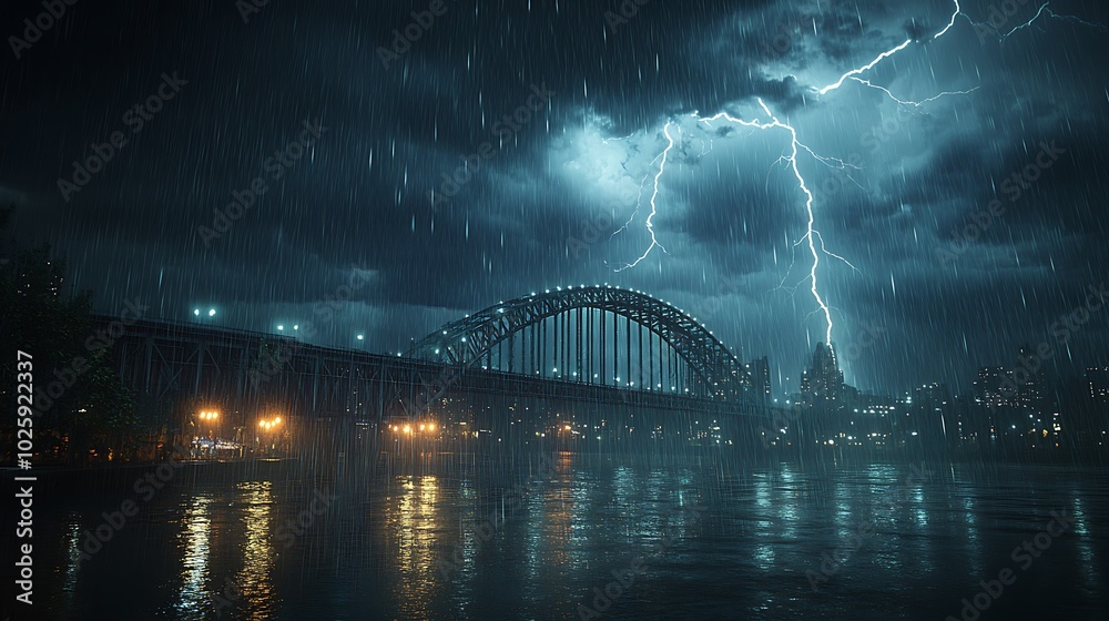 Naklejka premium A thunderstorm over a large bridge, with heavy rain pouring down and lightning bolts striking near the structure. The bridge’s steel beams are illuminated by the flashes,