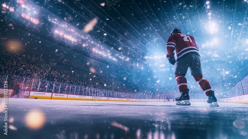 Hockey Player on Ice During a Dramatic Moment in the Arena