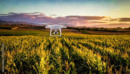 Drone blanco sobrevolando un vasto campo de maíz al atardecer, con montañas y cielo despejado al fondo..