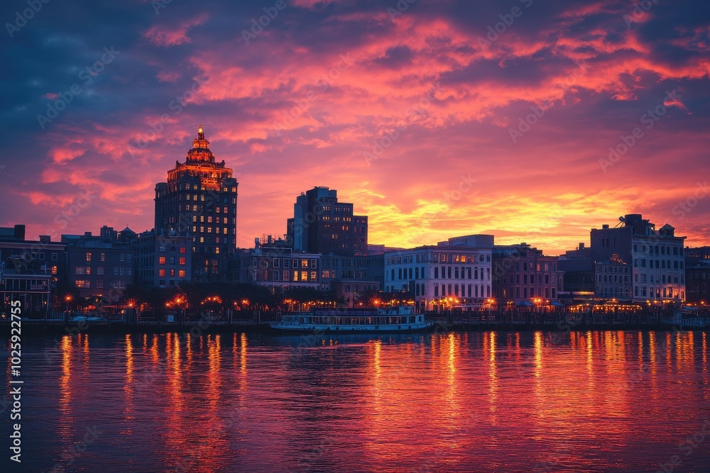Vibrant City Sunset Over a River Skyline Vibrant City Sunset Over a River Skyline
