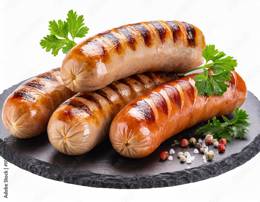 Grilled sausages on a slate board with herbs and spices presented appetizingly Grilled sausages on a slate board with herbs and spices presented appetizingly
