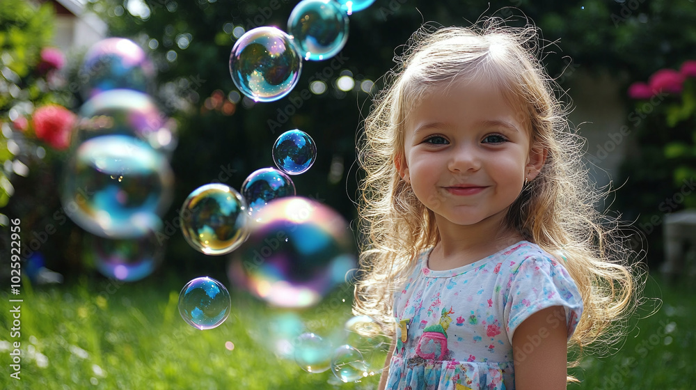 Happy girl playing with soap bubbles in yard on sunny day Happy girl playing with soap bubbles in yard on sunny day