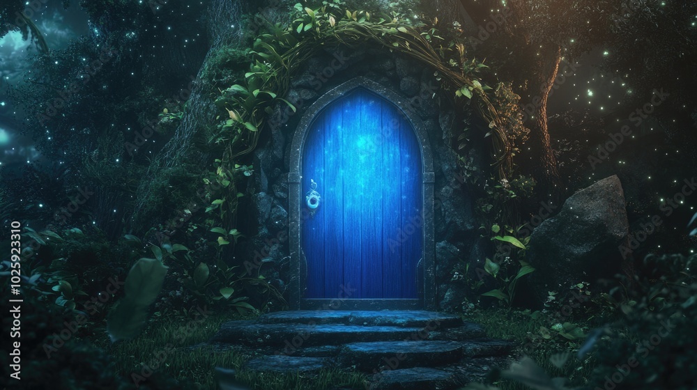 Blue fairy portal door in magical forest, detailed fantasy elements.