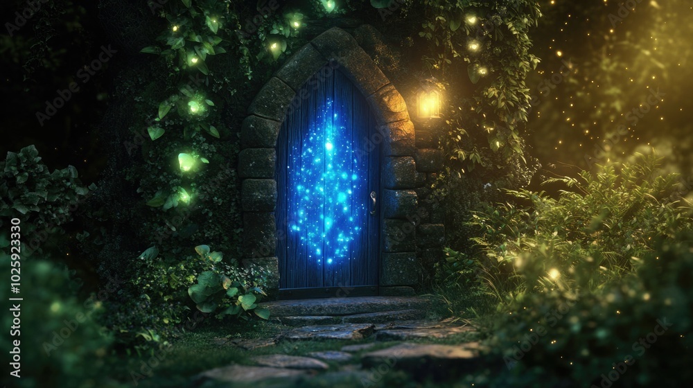 Blue fairy portal door in magical forest, dynamic lighting. Blue fairy portal door in magical forest, dynamic lighting.