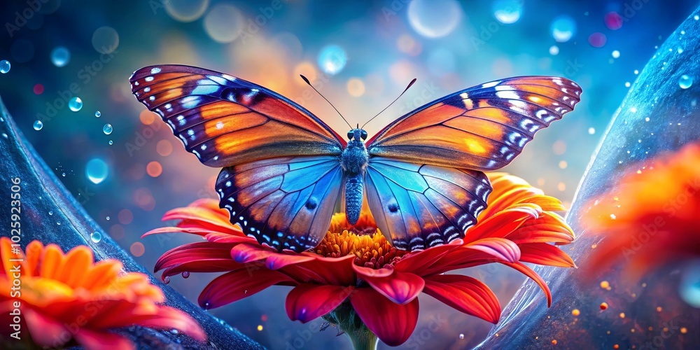 A butterfly with iridescent wings rests on a vibrant red flower, surrounded by a dreamy blue and orange backdrop with delicate sparkling droplets of water. A butterfly with iridescent wings rests on a vibrant red flower, surrounded by a dreamy blue and orange backdrop with delicate sparkling droplets of water.